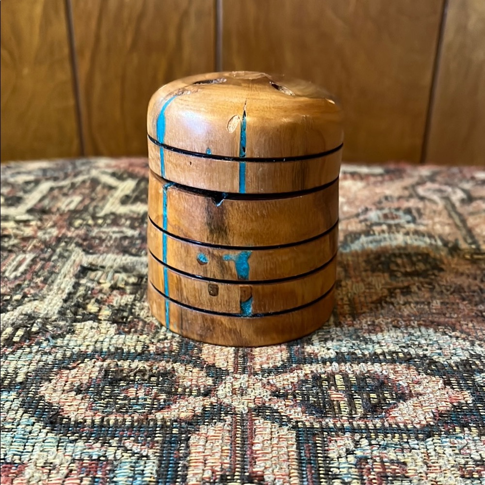 Handcrafted Wooden Trinket Box with Blue Accents